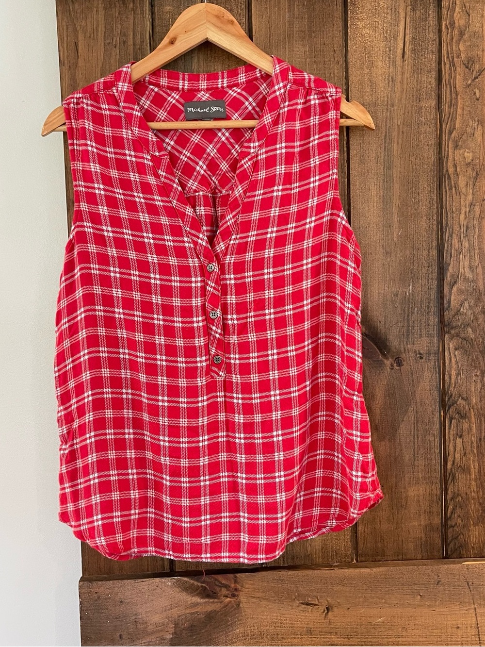 Michael Stars Red Notch V Neck Plaid Button Front Sleeveless Top Large